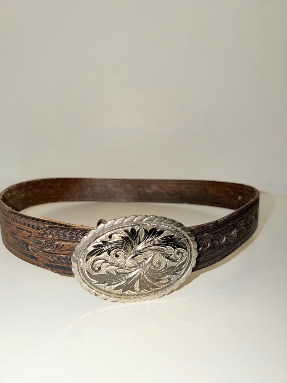 Western Faded Black Tooled Leather Belt with Silver Floral Buckle